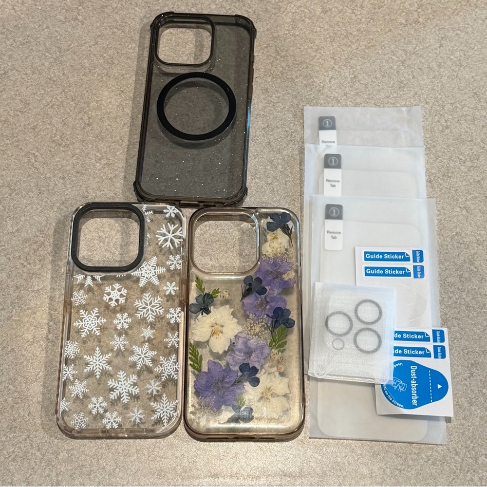 Iphone 15 Pro Max Cases (3) Snowflakes, Flowers, Sparkles Screen & Camera protec